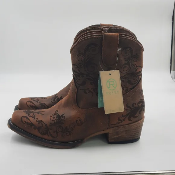 ROPER Vegan Leather Western Boots NWT New Cowgirl Western Cowboy Cognac 6 Design - Picture 6 of 11